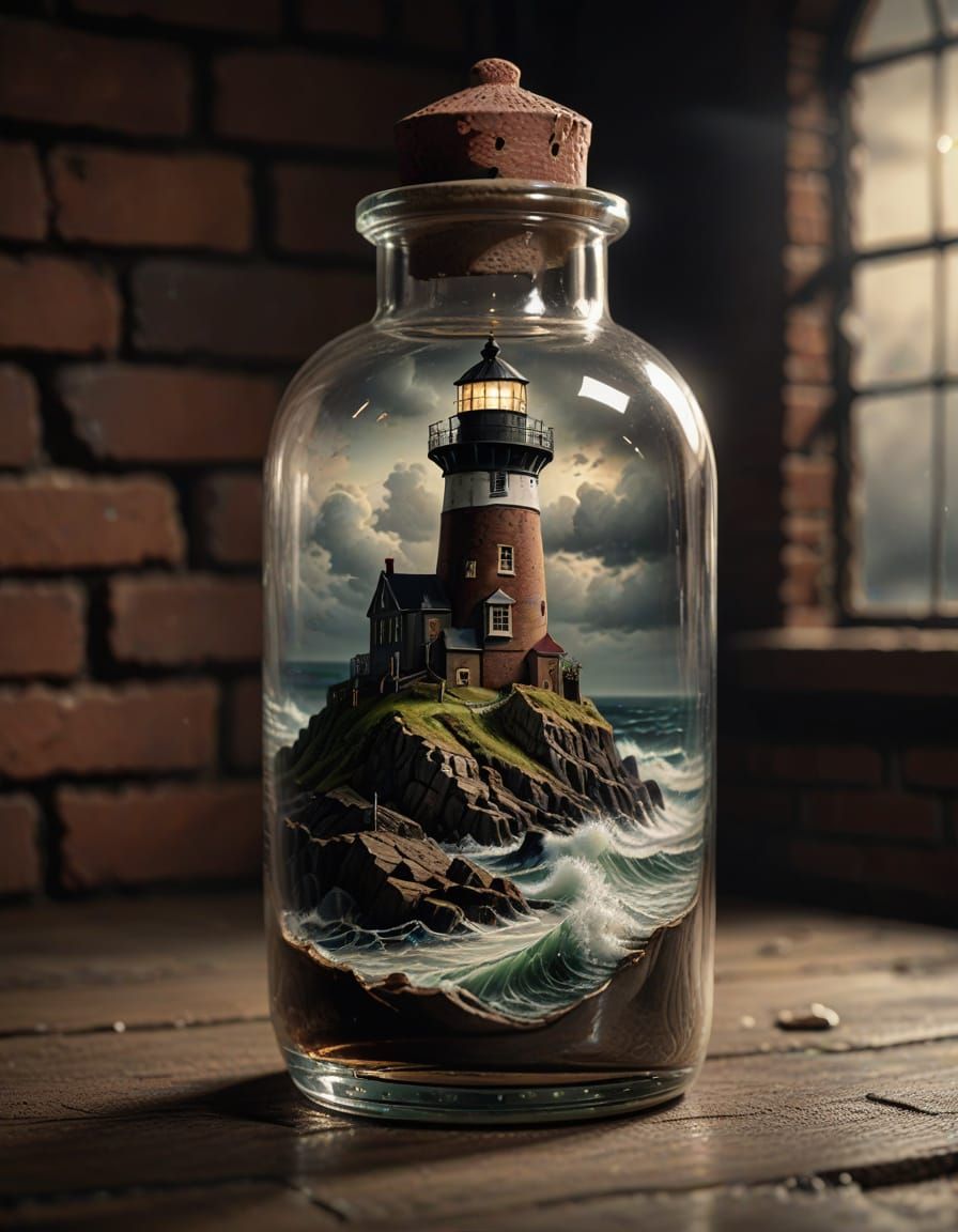 Lighthouse in Antique Glass Bottle