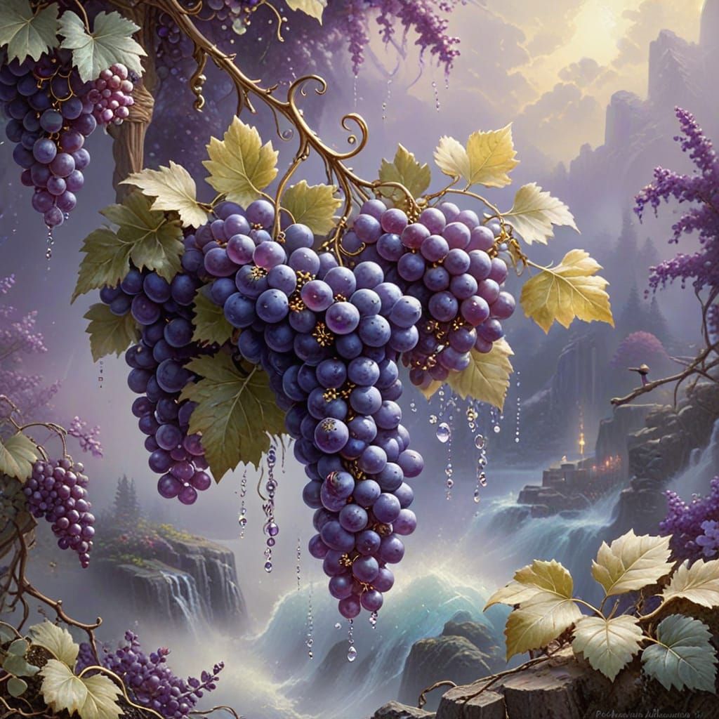 Crystal Glass Purple Grapes with Golden Swirls