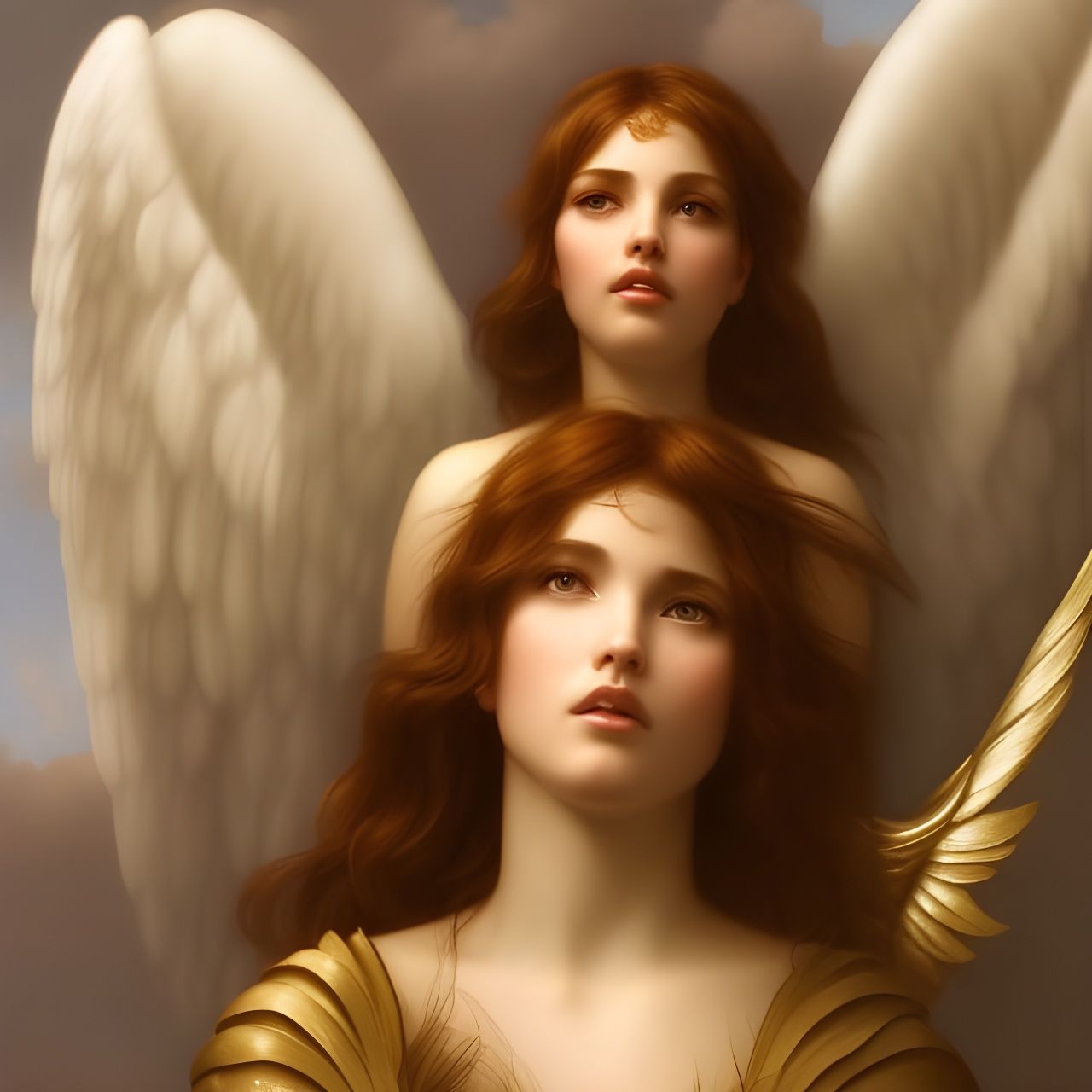 Brunette Angel with Golden Wings in Pre-Raphaelite Style