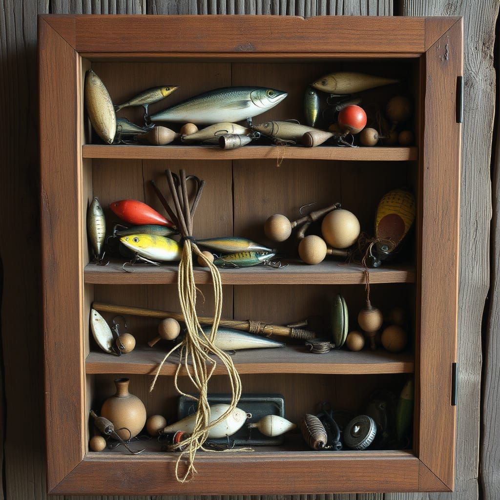 Weathered Wooden Shadowbox with Vintage Fishing Lures and Ge...