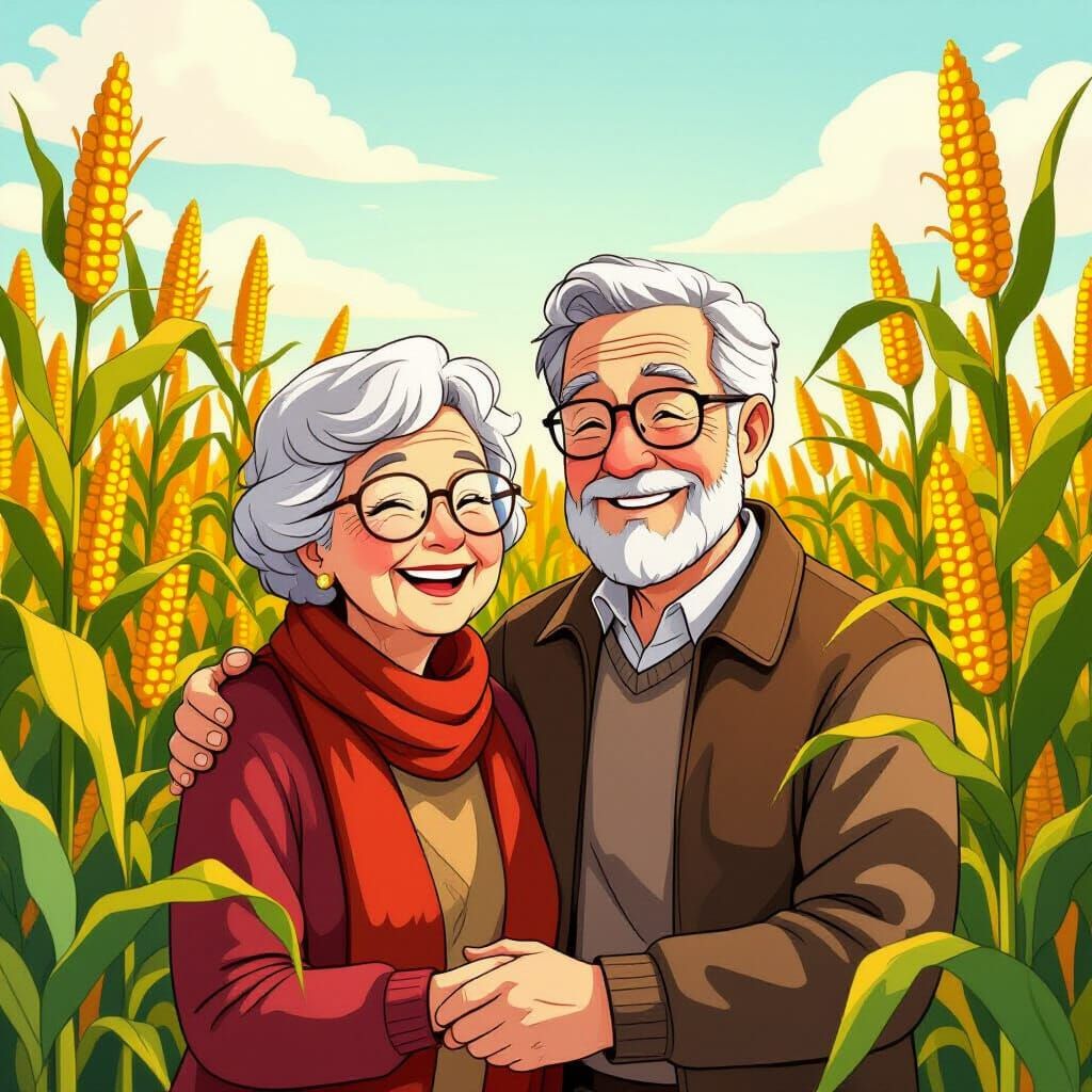 Smiling Couple in Cornfield, Ghibli-Inspired Manga Style