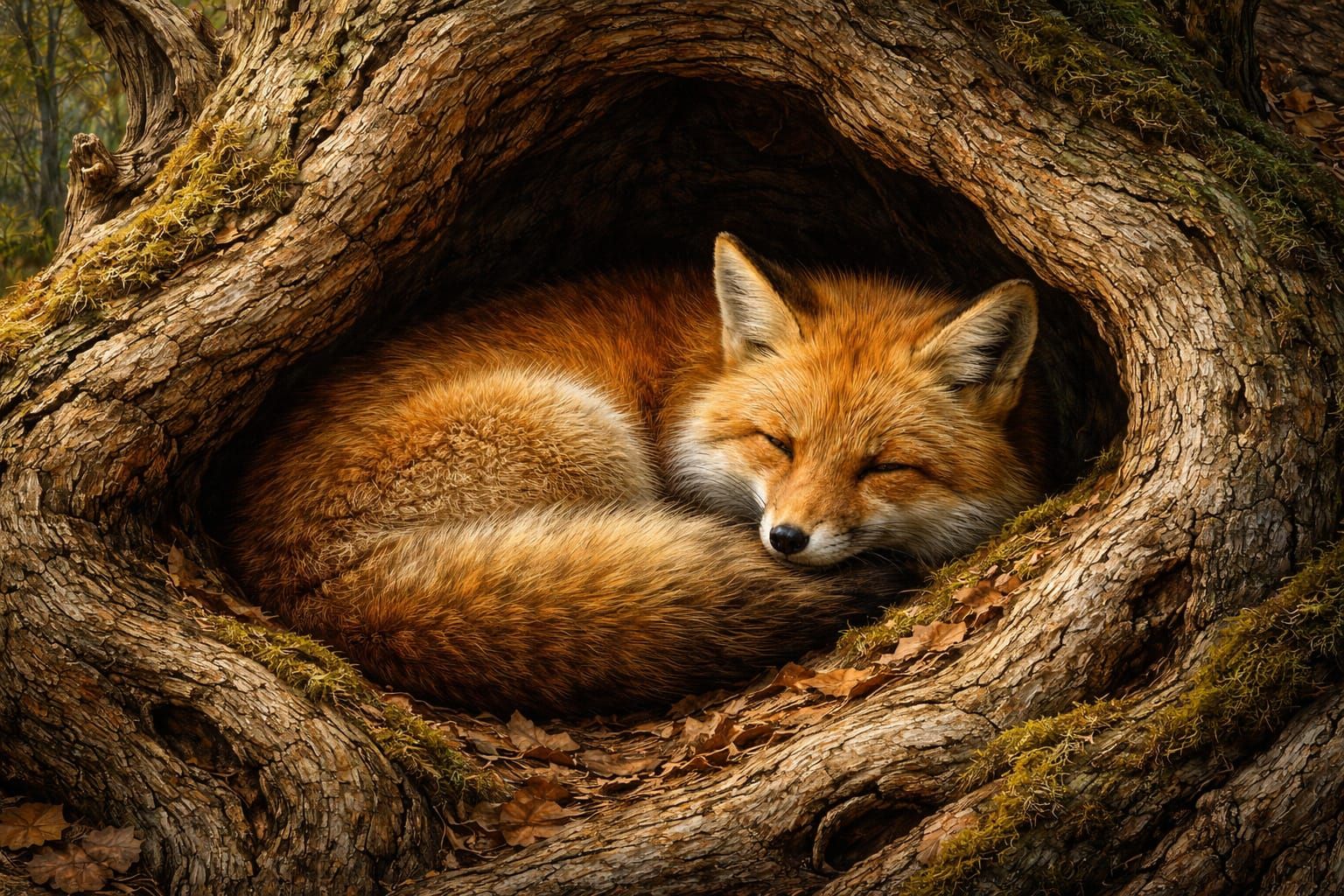 Red Fox Sleeping in Oak Tree Hollow, Audubon Oil Painting