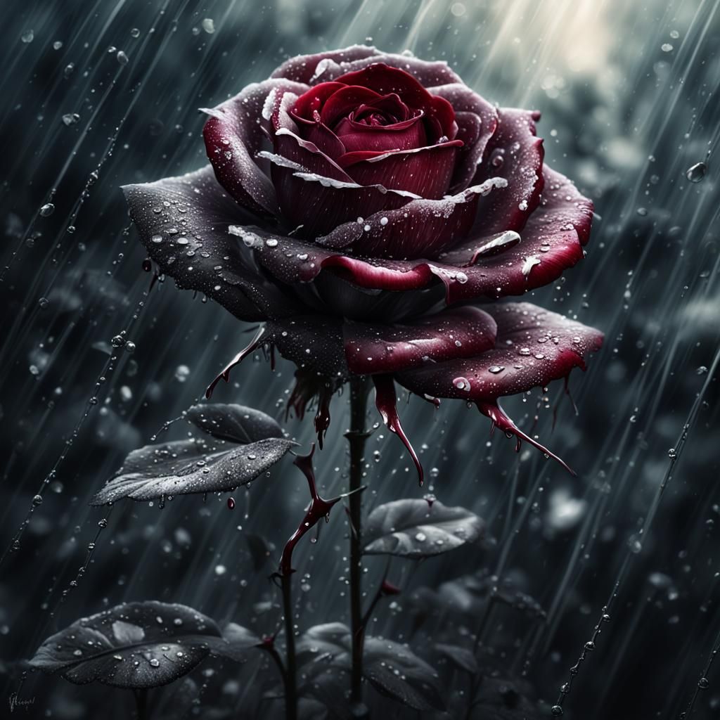 Dark Red Rose Dripping Silver Dew