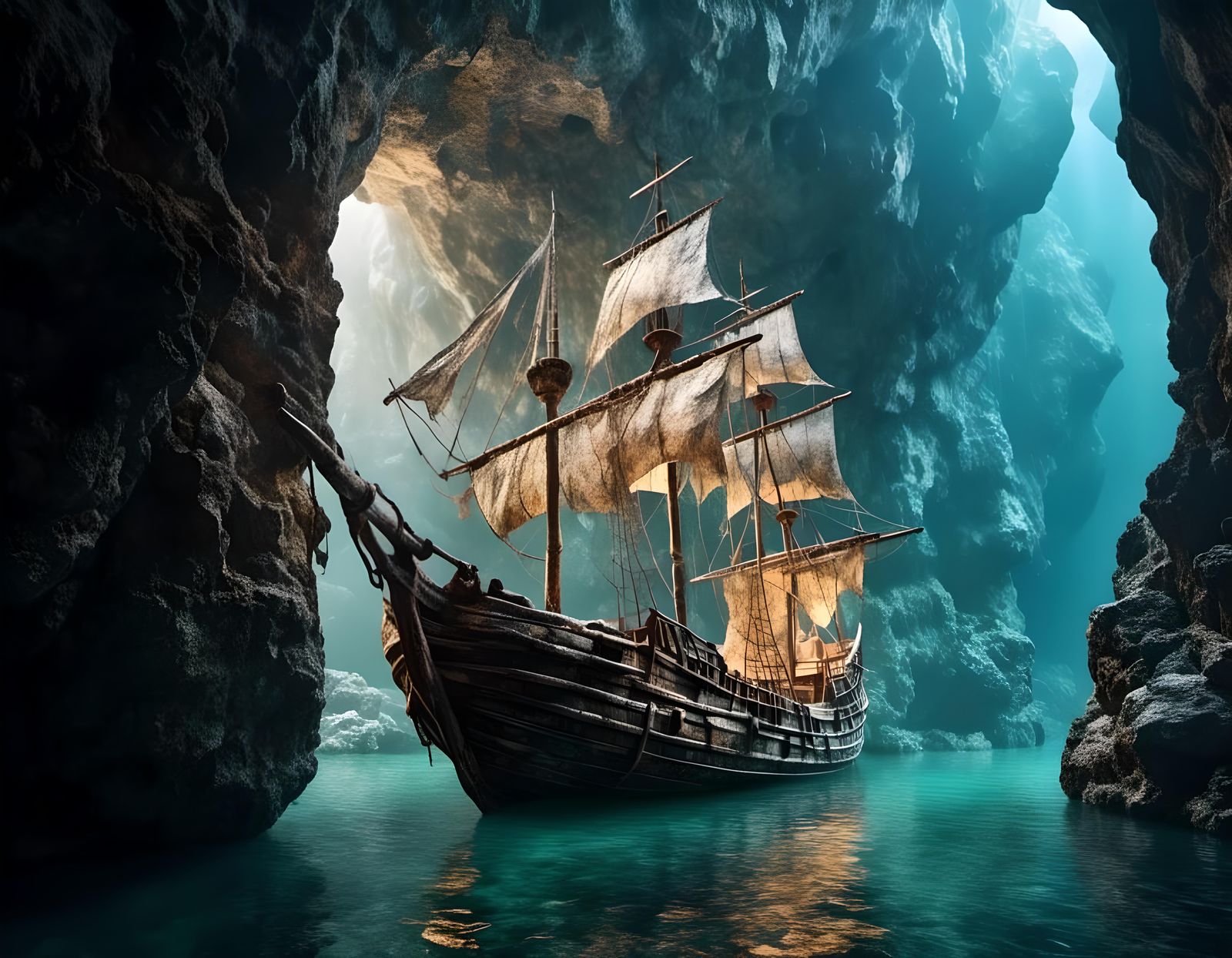Pirate Ship Trapped Inside Cave: Hyper Photo-realistic Image
