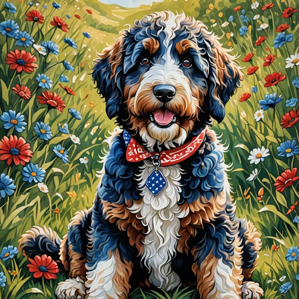Bernedoodle with Bandana in Whimsical Oil Painting