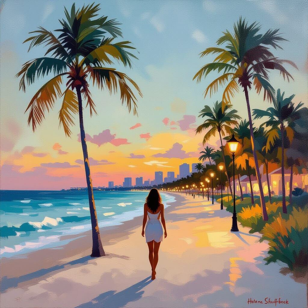 Woman on Miami Beach at Night, Retro Oil Painting