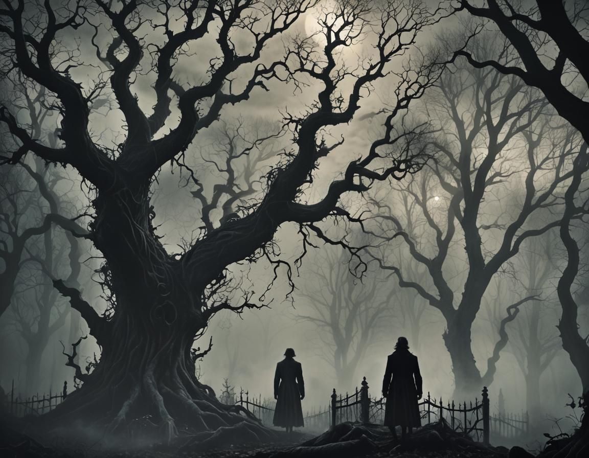 Mysterious Gothic Figure in Mist-Shrouded Forest