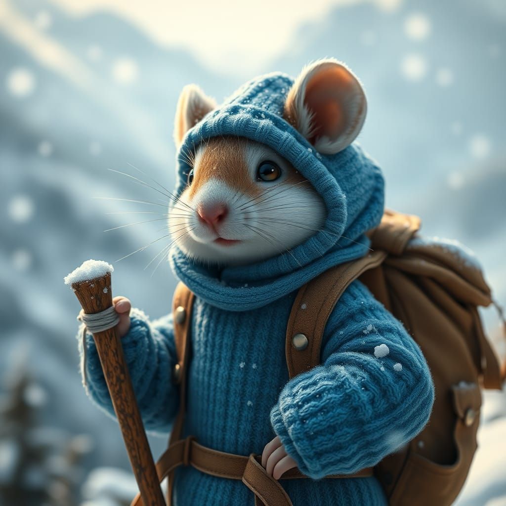 Mouse's Winter Hike: Hyperrealistic Mountain Adventure