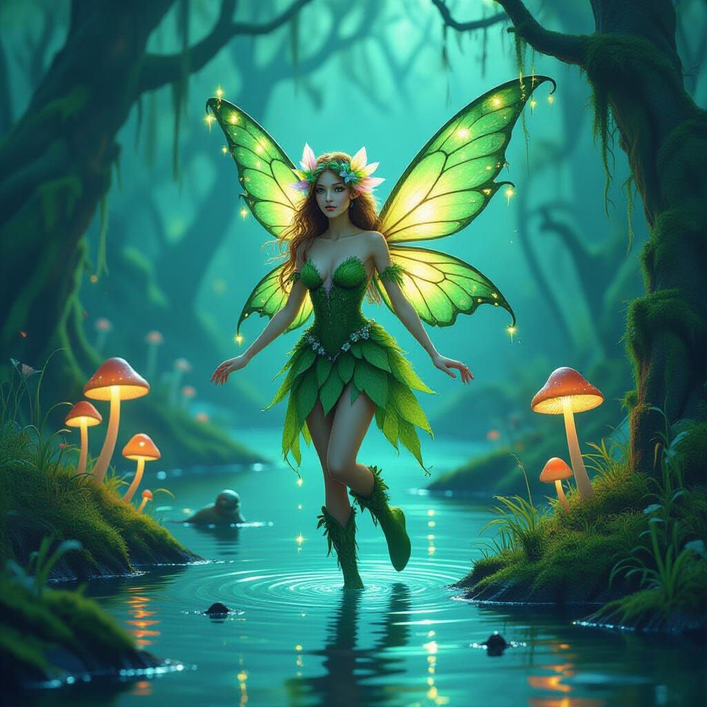 Moss Fairy in a Dreamlike Bioluminescent Swamp