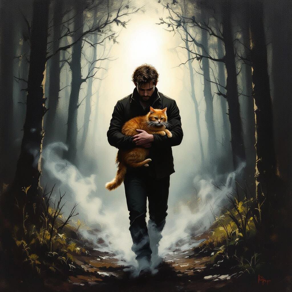 Man Crying with Cat in Dark Forest, Oil Painting Style