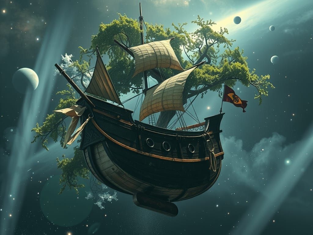 Spanish Galleon on Floating Island in Cosmos