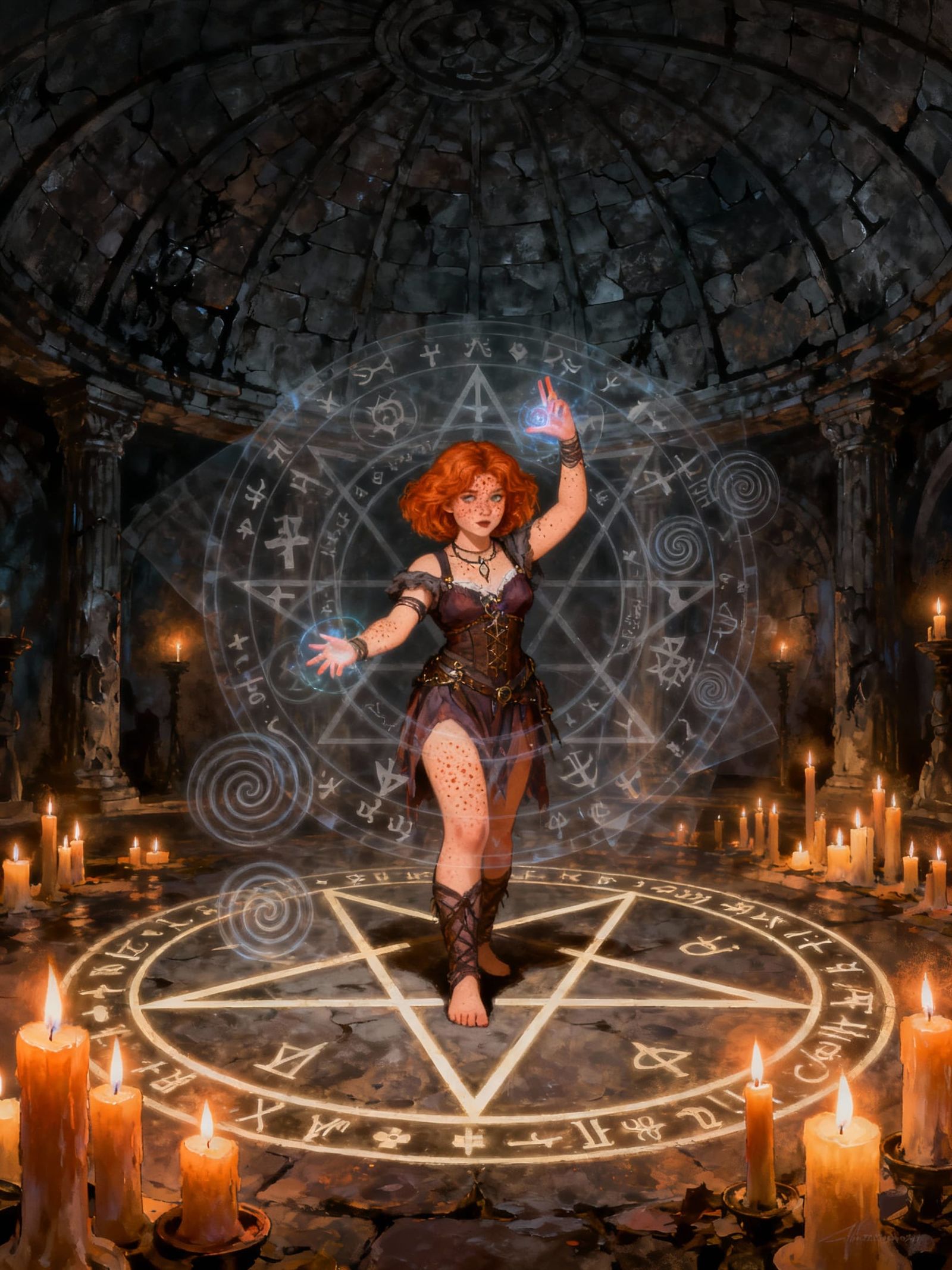 Fantasy Witch Casting Spell in Sinister Temple