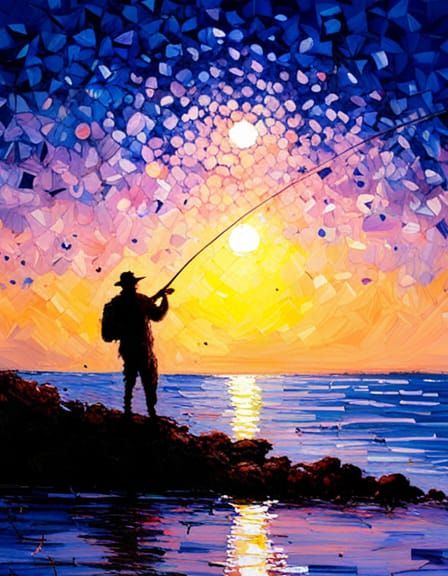 Moonlit Fisherman in Pointillist Style