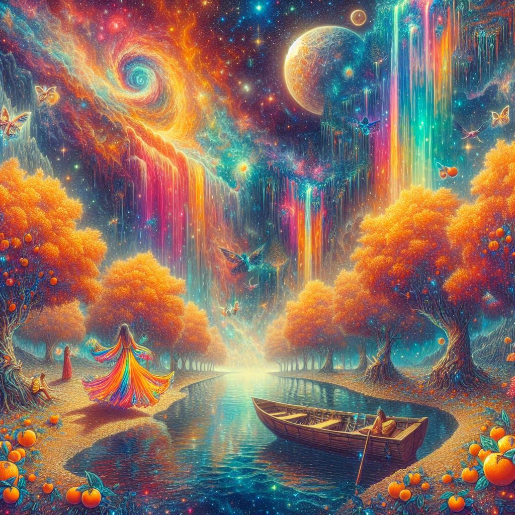 Astral Cosmic Scene with Rainbow Waterfalls