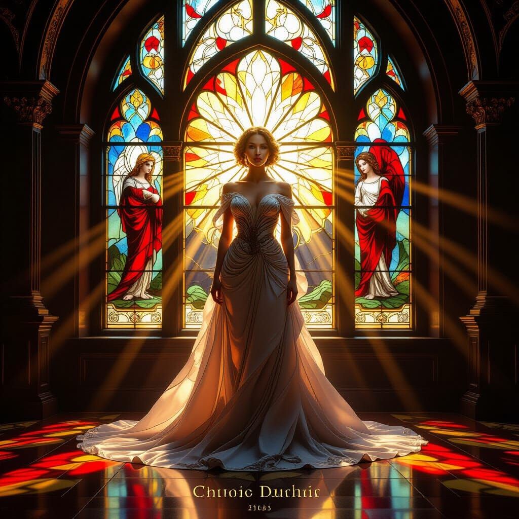 Woman Before Stained Glass in Cinematic Realism