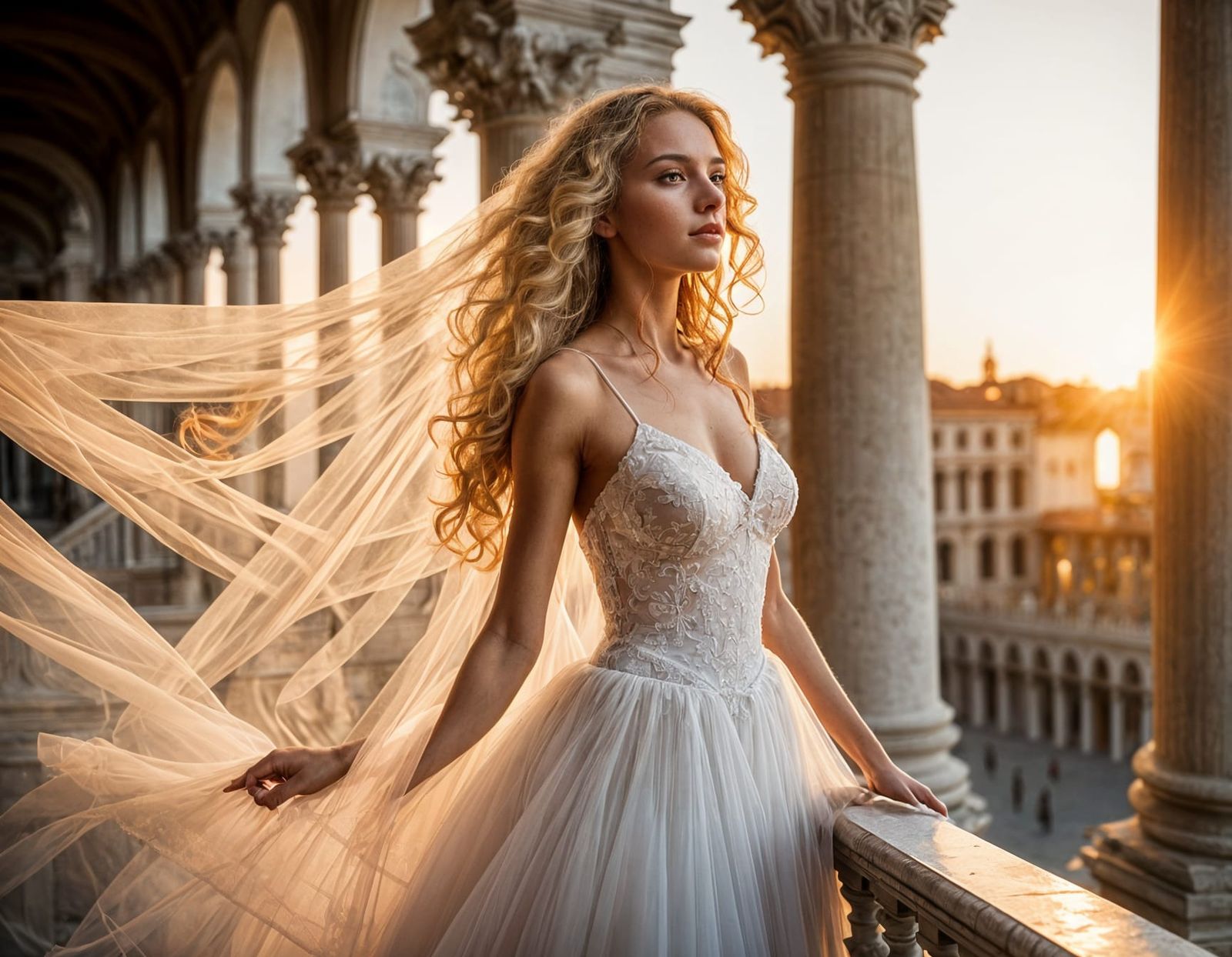 Bride in Tulle Dress on Balcony at Sunset