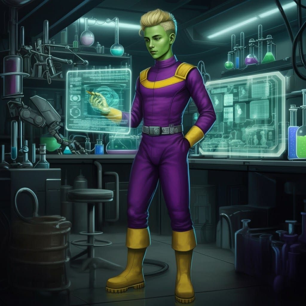 Green-Skinned Teen in Futuristic Lab