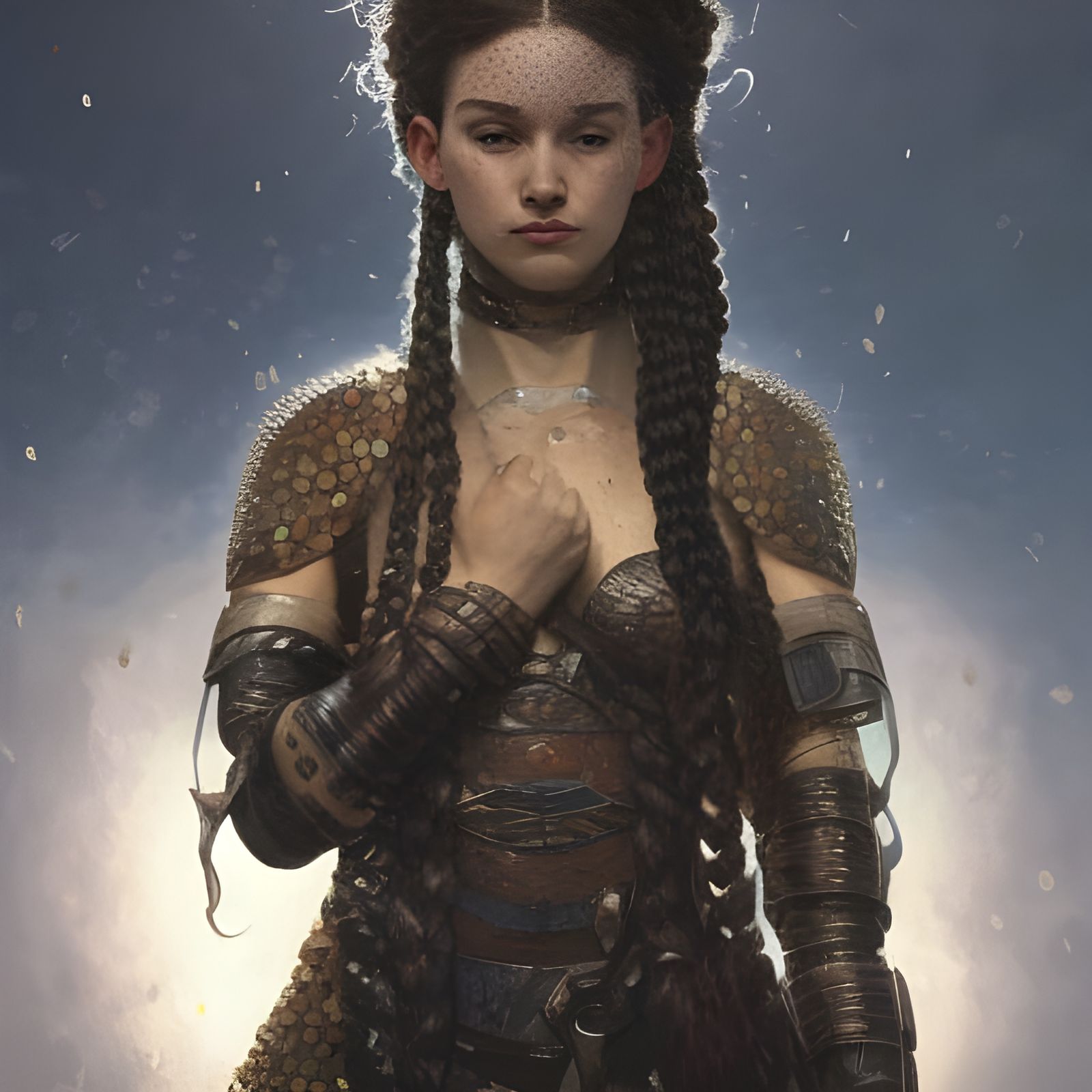 Fierce Shield Maiden in Klimt Pointillism Style