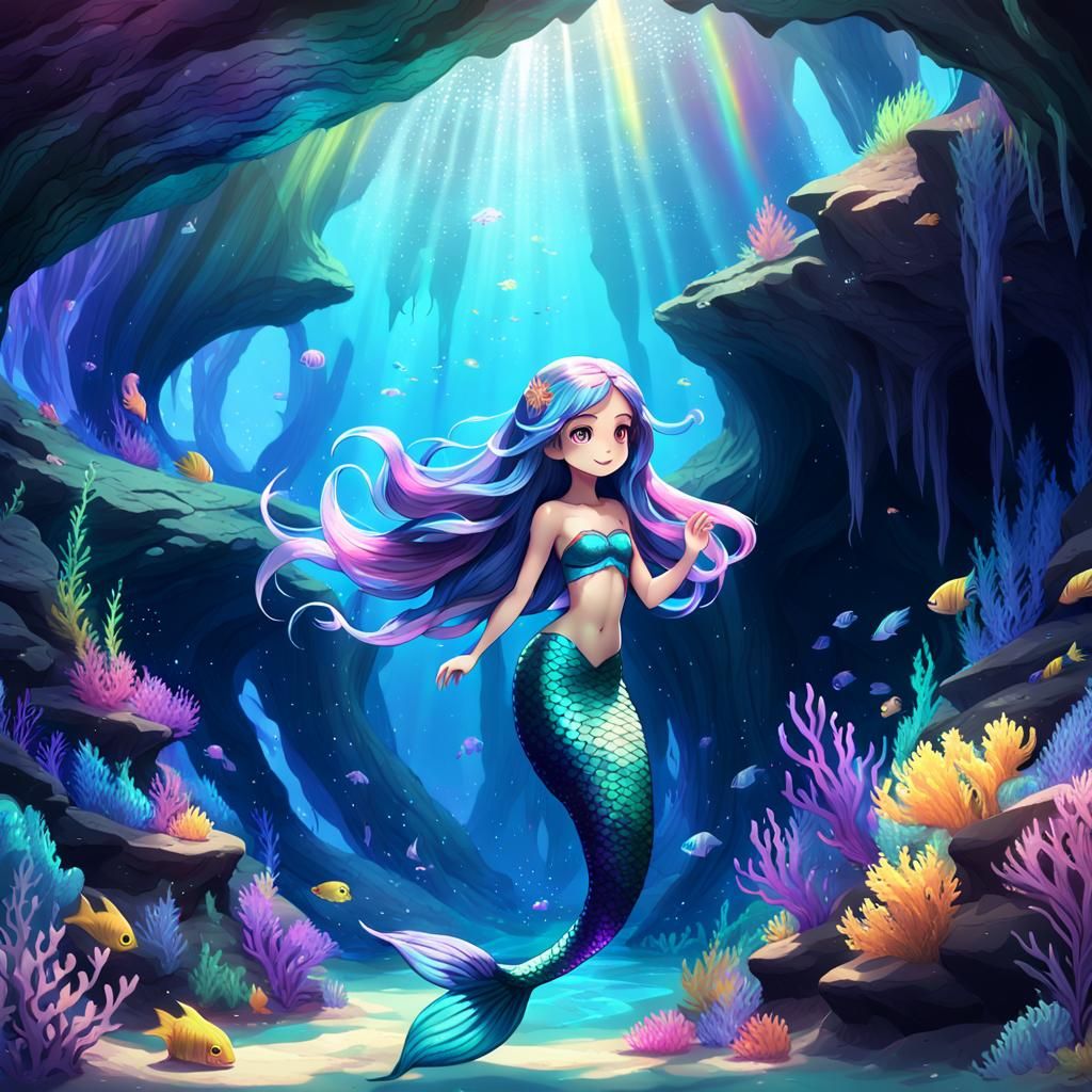 Cute Mermaid Swimming in Shimmering Underwater Cave
