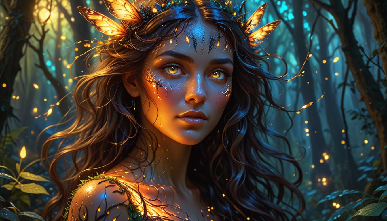 Enchanting Nymph Temptress in Forest, Oil Painting