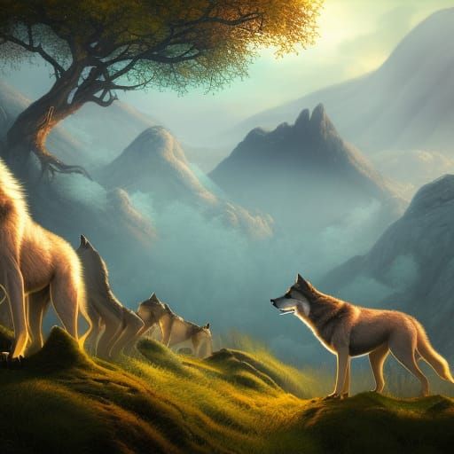 Fantastical Wolves Roam Rolling Hills in Vibrant Color