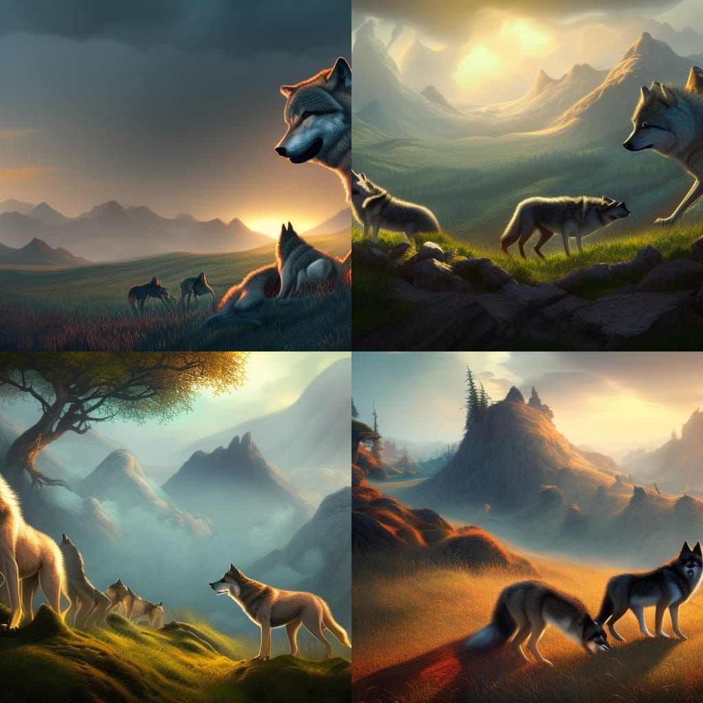 Rolling Hills with Wolves in Detailed Matte Painting
