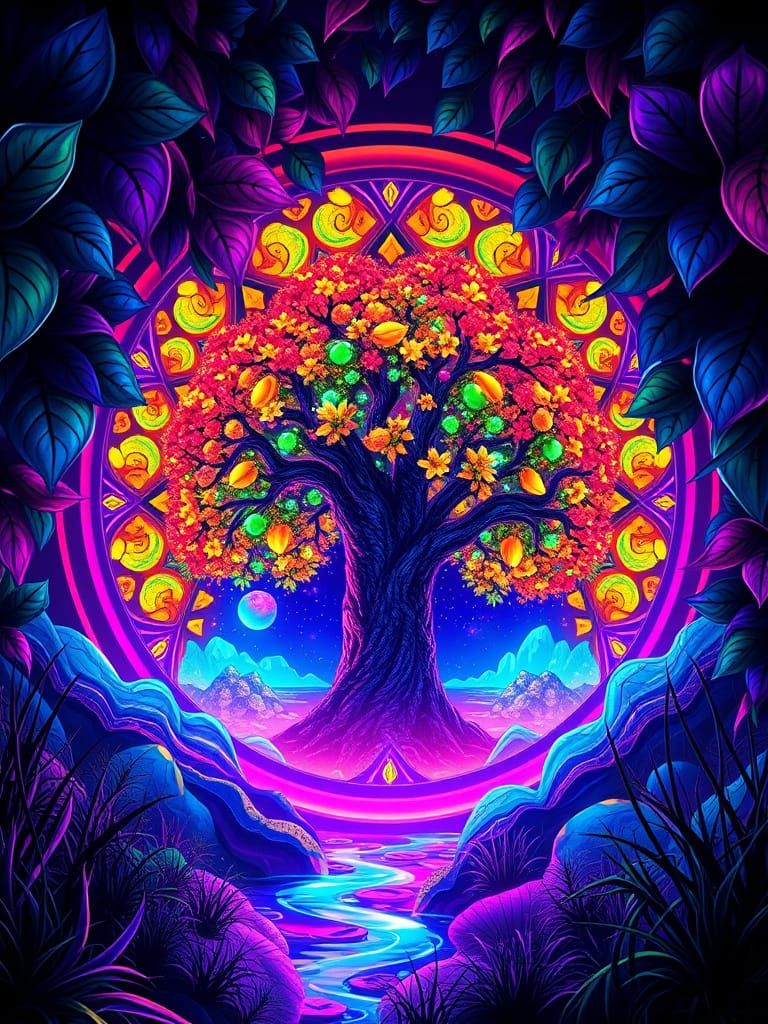 Neon Stained-Glass Window in Surreal Dreamscape