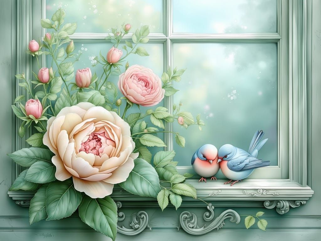 Pastel Fantasy: Love Birds Amidst Delicate Blooms