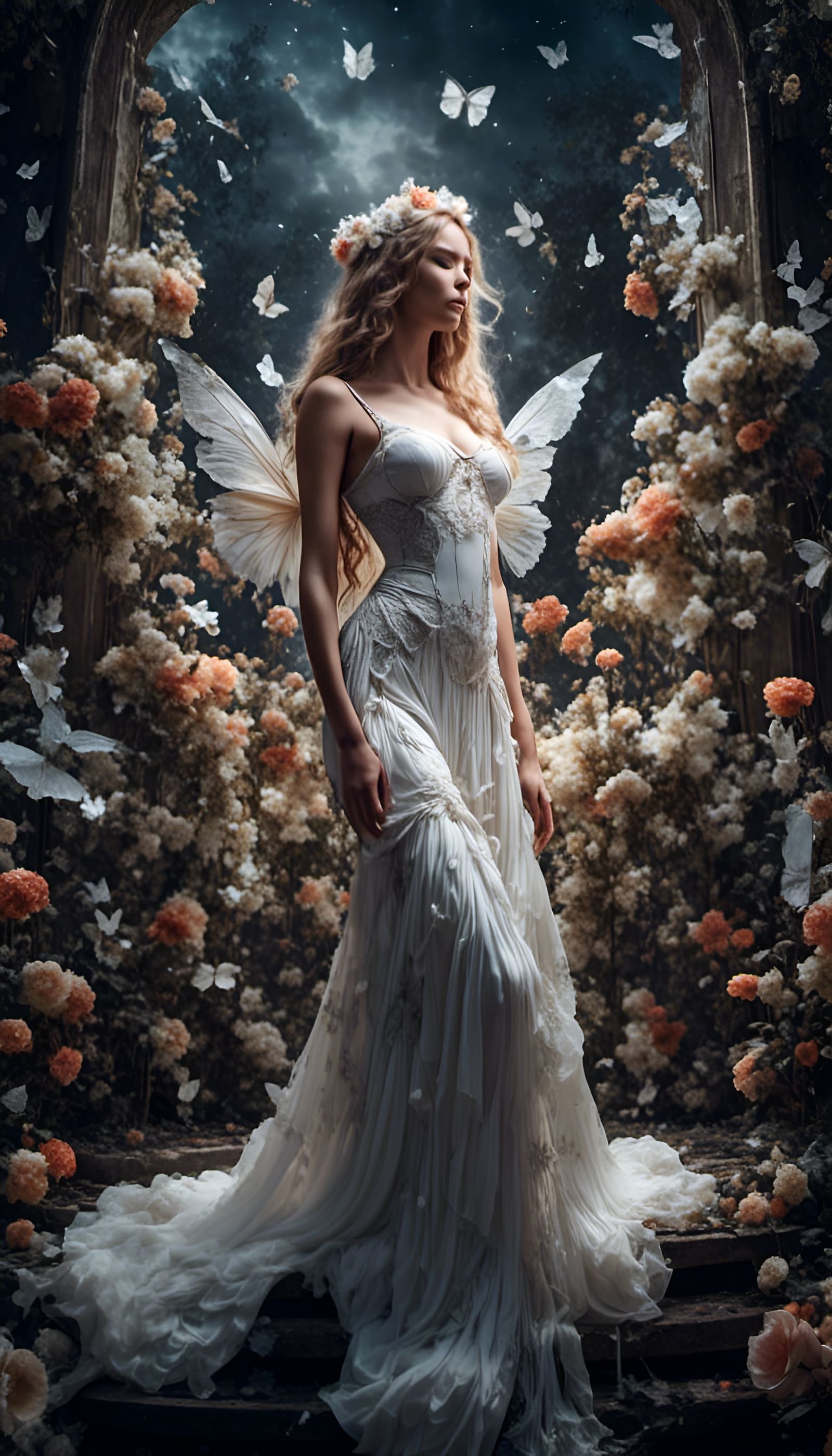Alluring Model Dreams in Heavenly Garden: Hyperreal Photogra...