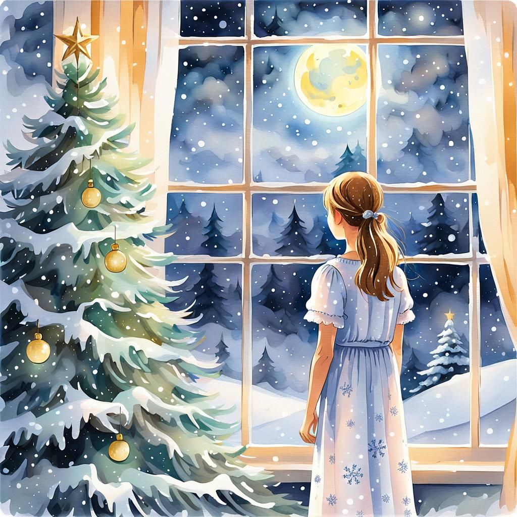 Girl Gazing at Snowy Landscape: Watercolor Illustration