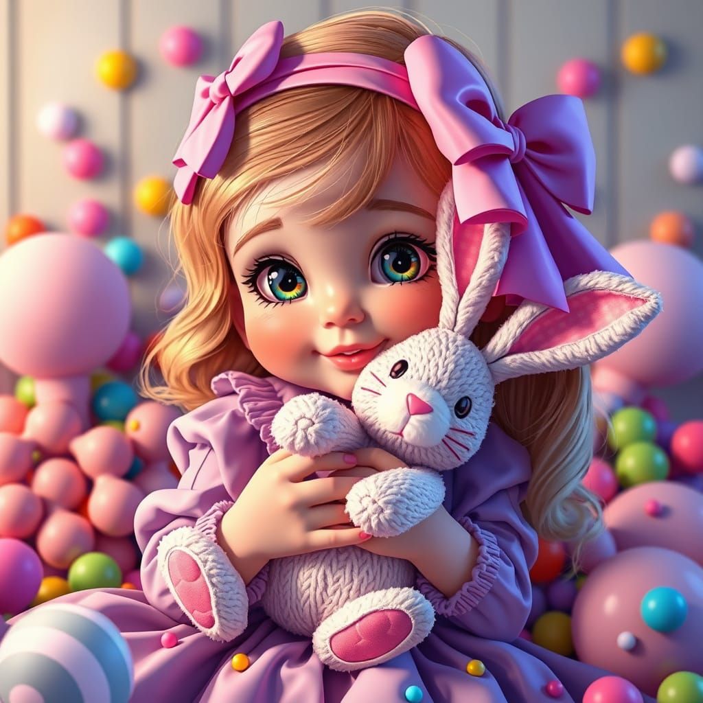 Little Girl Holding Candy-Colored Bunny in Whimsical Candyla...