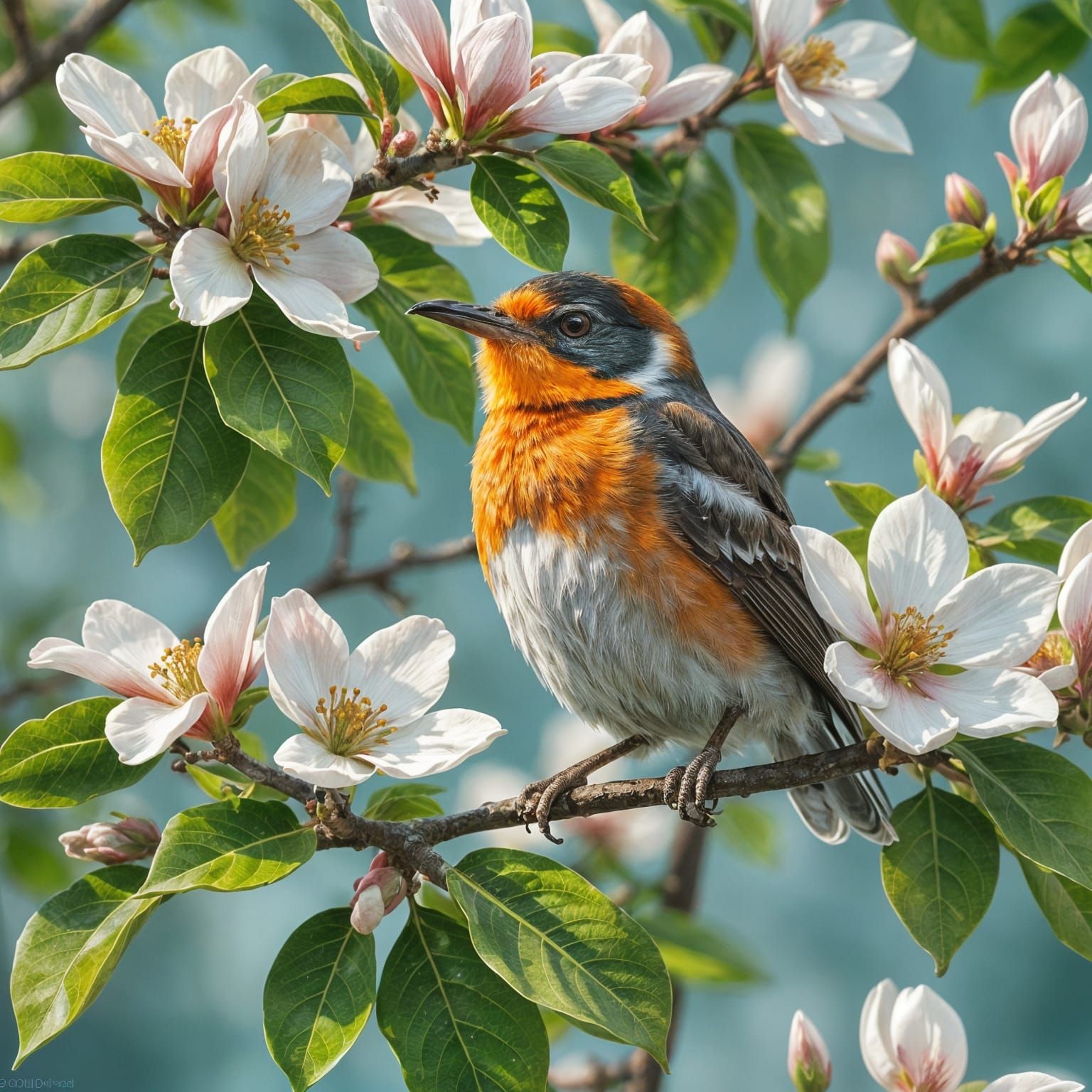 Mockingbird in Magnolia Tree: Pointillist Mixed Media