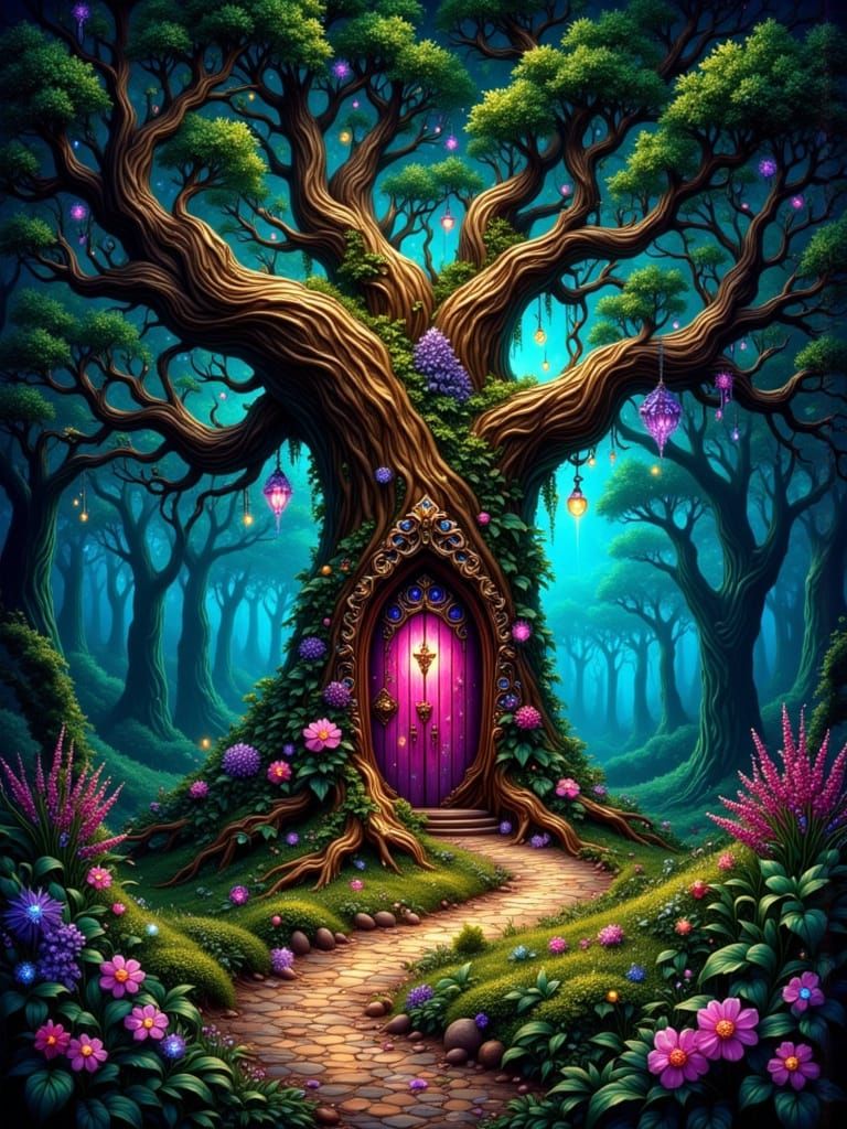 Enchanted Forest with Pink Door in Fantasy Style