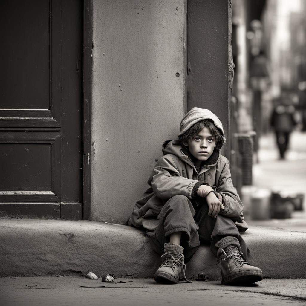 Realistic Photo of Homeless Child on Street Corner