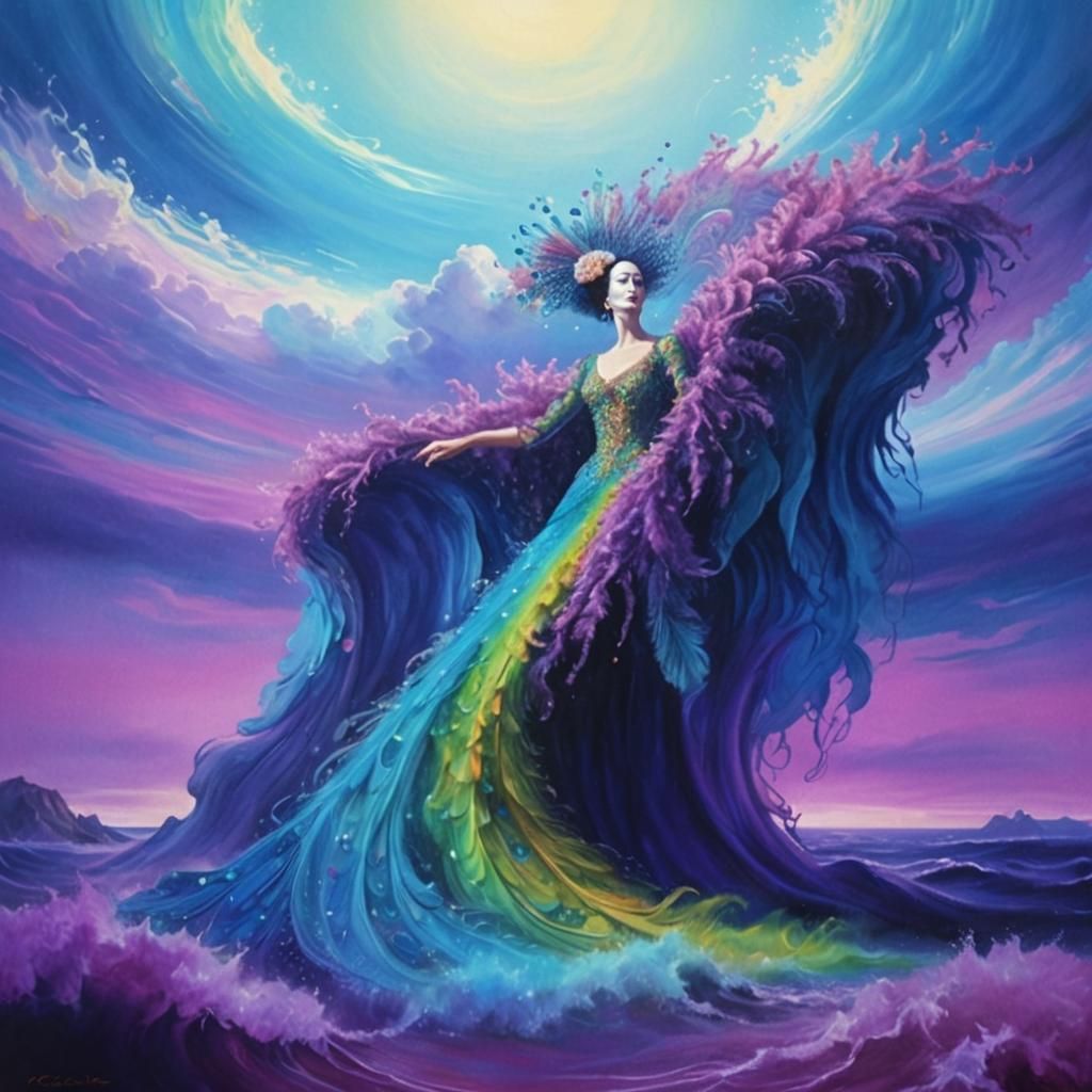 Surreal Figure with Peacock Aura in Oil Painting Style