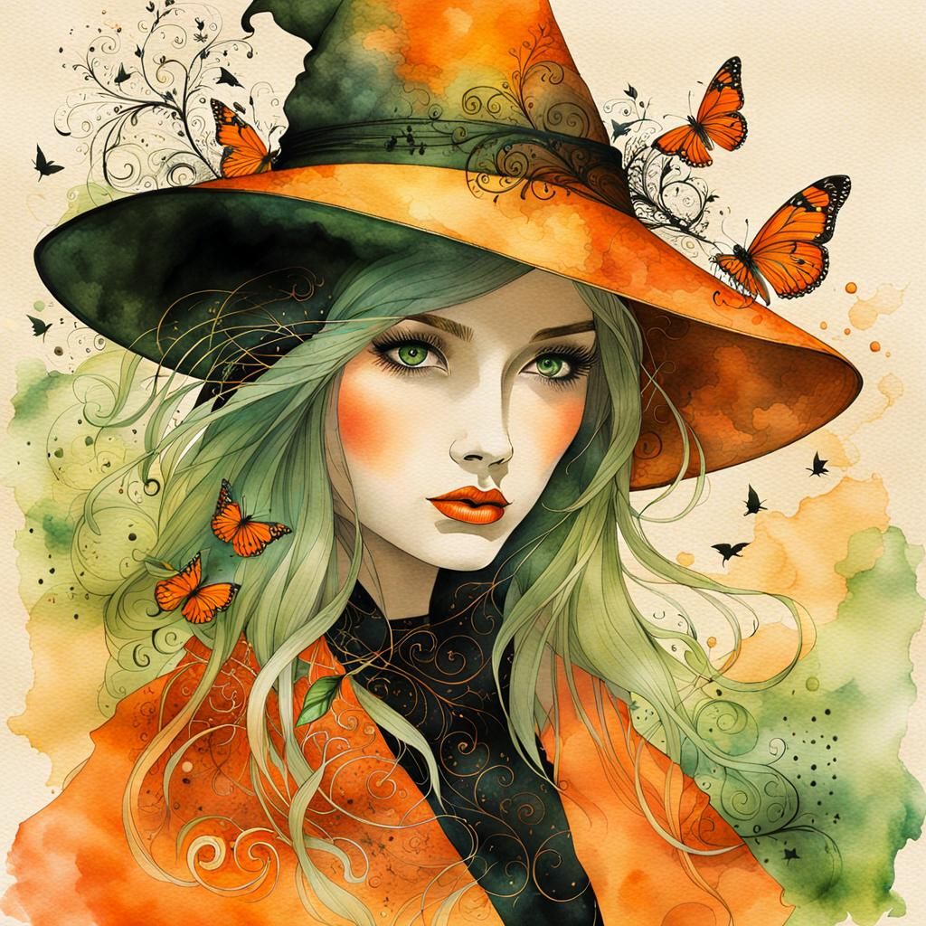 Eerie Orange Witch Portrait in Watercolor Style