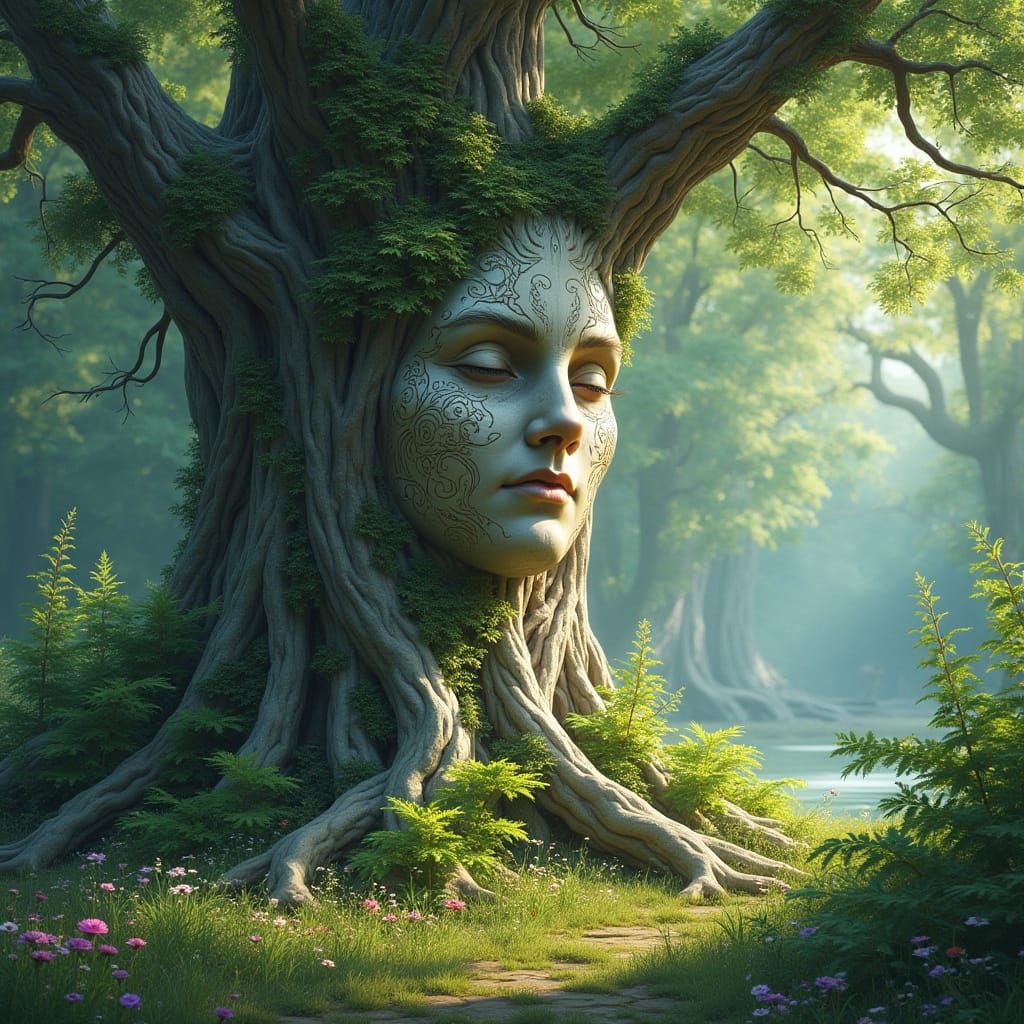 Ancient Tree in Serene Forest Clearing, Inspired by Art Nouv...