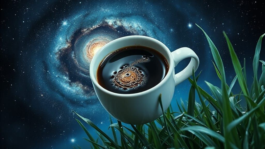 Cosmic Coffee Cup Floating in Ethereal Galaxy