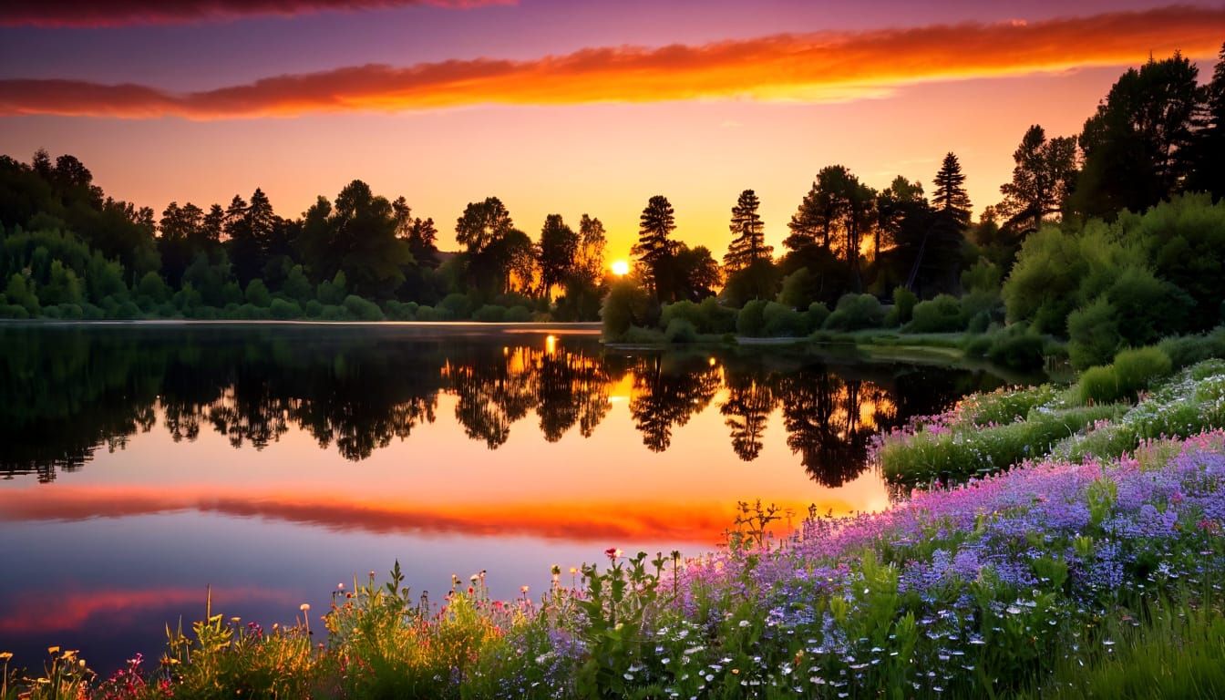 Serene Lake Reflecting Vibrant Sunset and Wildflowers