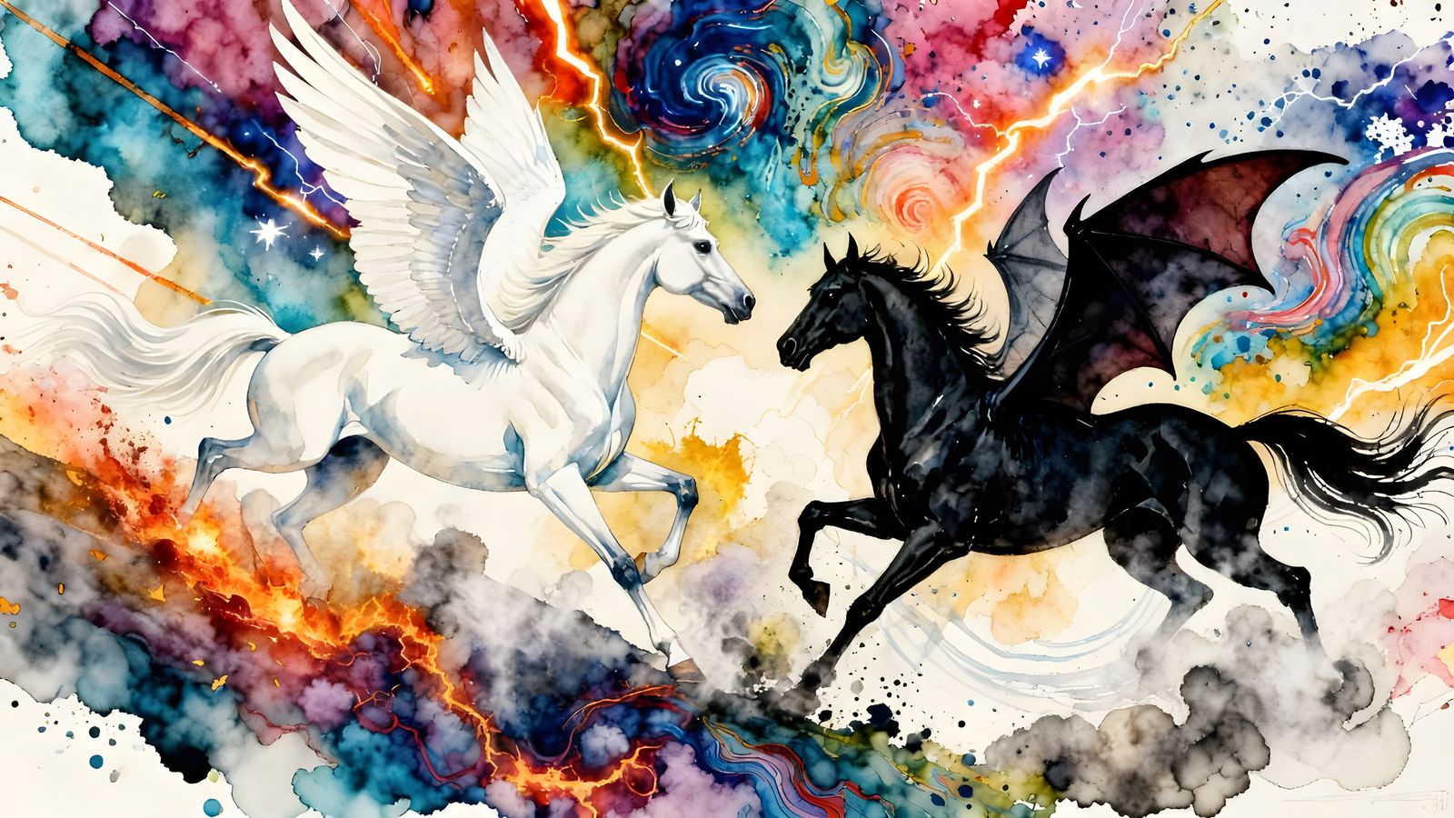 Celestial Pegasus Battles Demonic Steed in Fiery Clash