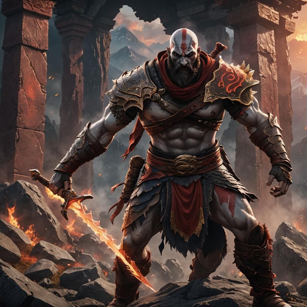 Kratos with Blades of Chaos at Sunset: Anime Style