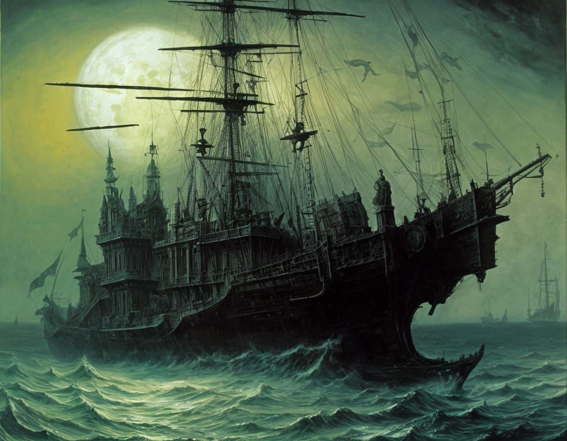 Ghost Galleon Sailing in Surreal Dark Night