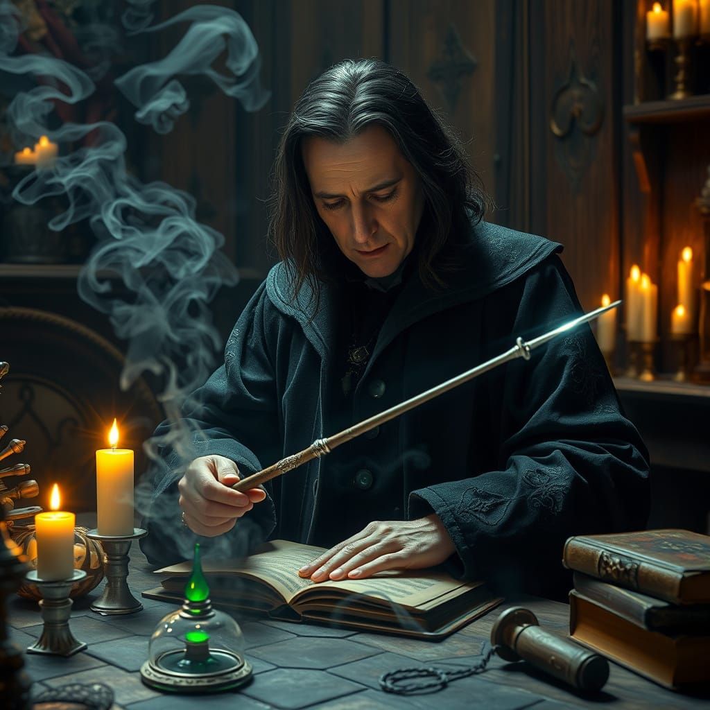 Dark Academia Professor Enchants Wand in Mystical Alchemy Sc...