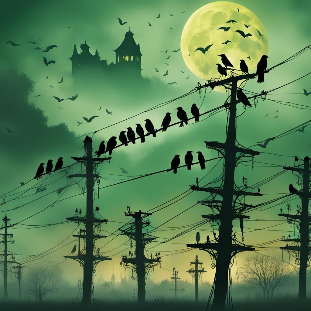 Gothic Crows on Power Lines in Tim Burton Style