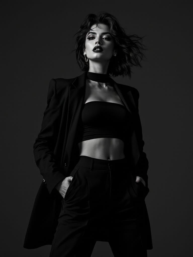 Confident Woman in Monochrome, High Contrast Studio Setting