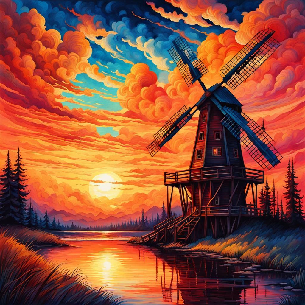Fantasy Double Exposure Windmill at Sunset
