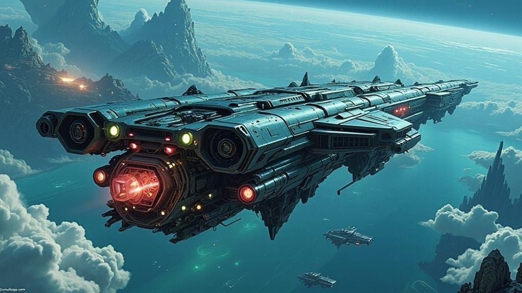 Futuristic Cruise Ship Orbiting Blue-Green Planet