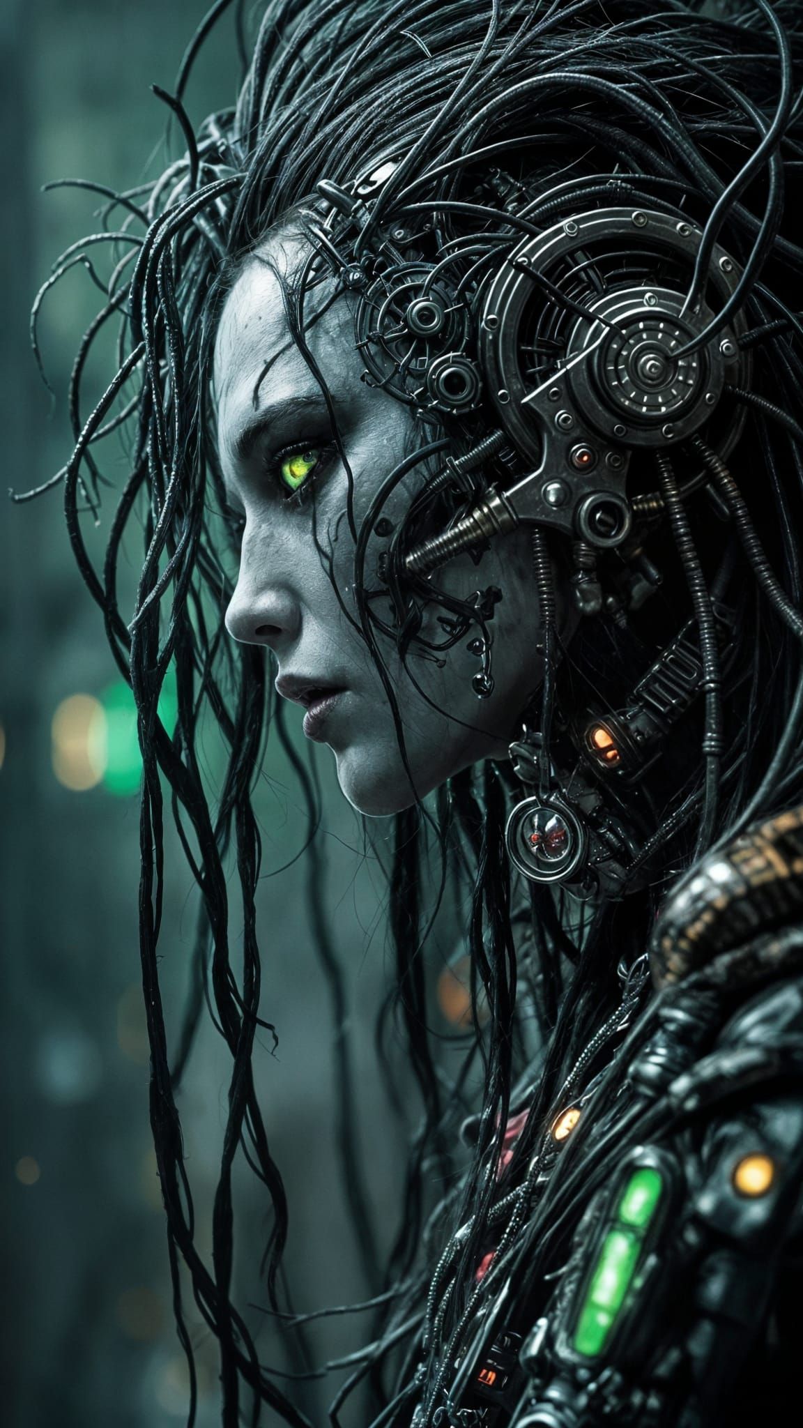 Cyberpunk Steampunk Character Close-Up with Glowing Details