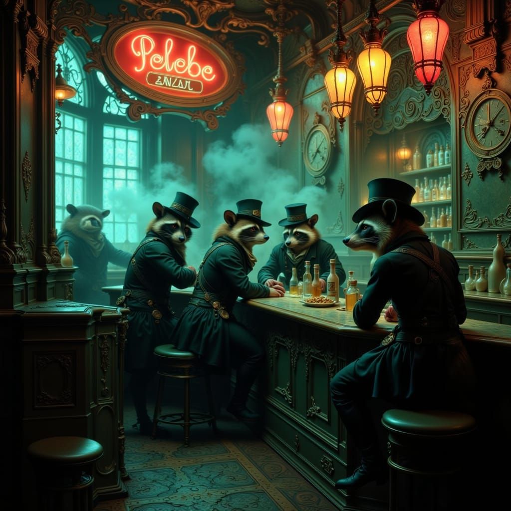 Steampunk Raccoon Speakeasy with Neon Lights