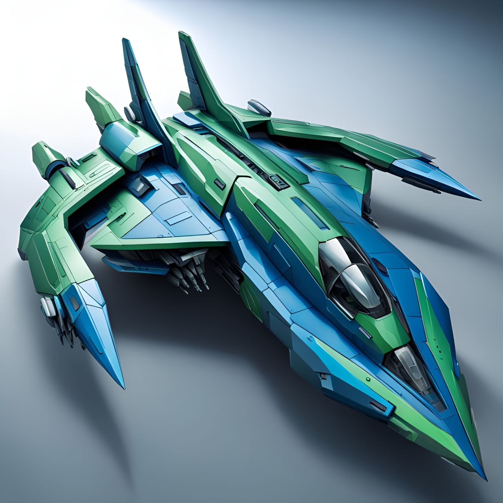 Futuristic Arrow Gunship in Blue and Green: Sci-Fi Design